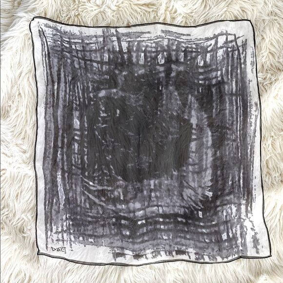 Diesel Abstract Black and Gray Silk Scarf 28 x 28” logo printed Art to Wear Emo - Picture 1 of 5